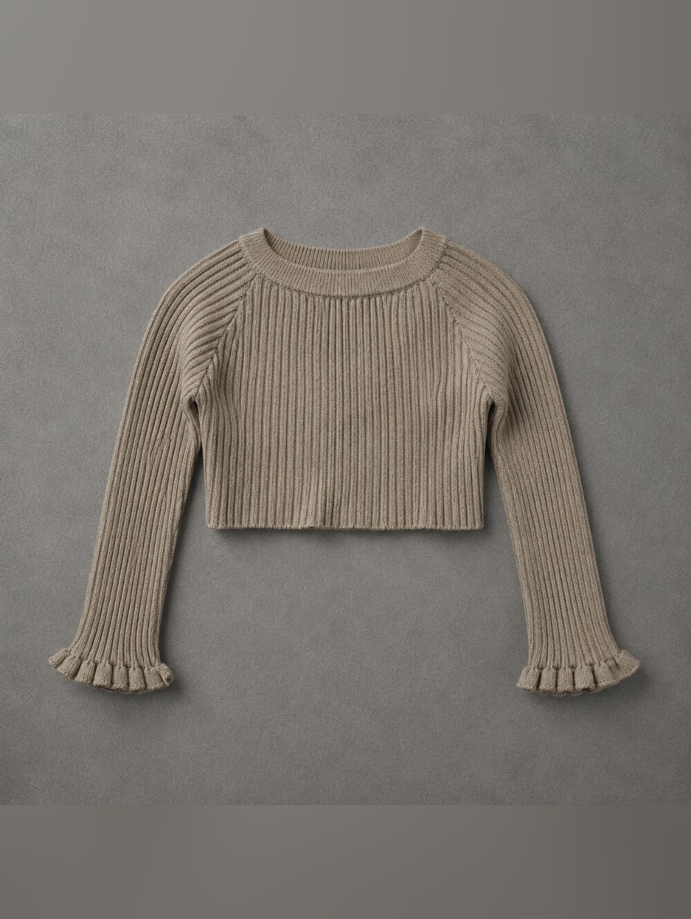 Etophe Studios Ribbed Knit Cropped Sweater Size Small Beige Taupe Ruffle Sleeve